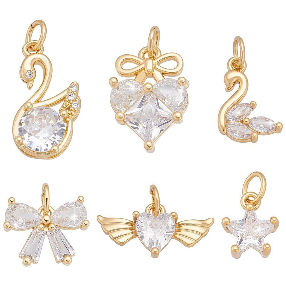 8358 12Pcs 6 Styles Zirconia Brass Charms, Heart/Swan/Bow/Pentagram Crystal